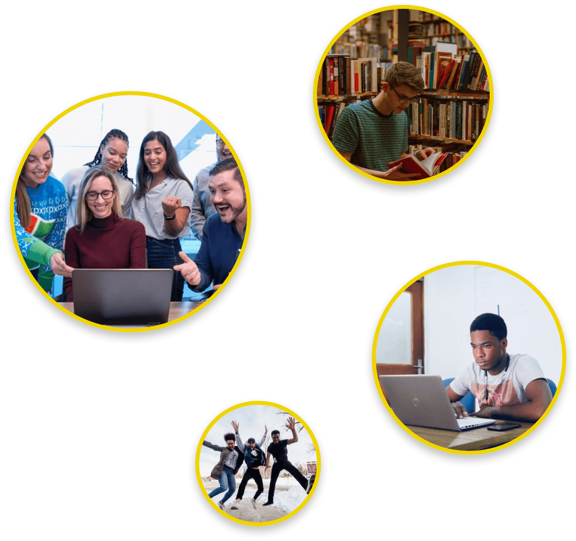 Conjunto de 4 fotos, com estudantes felizes, utilizando o computador e lendo livros