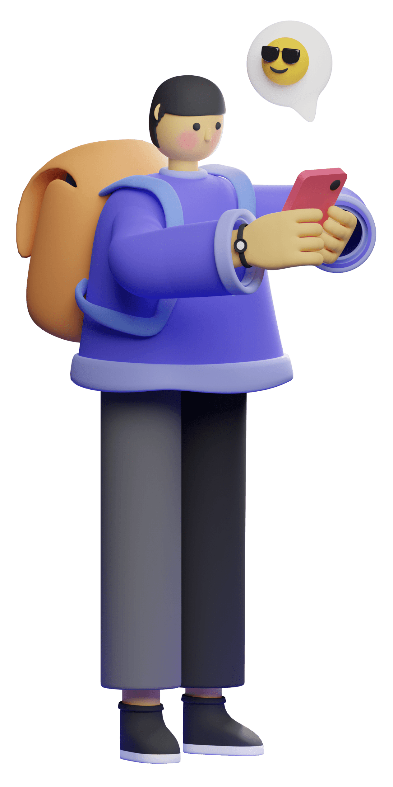 Ilustração 3d de um estudante com mochila nas costas, segurando o seu celular e enviando uma mensagem